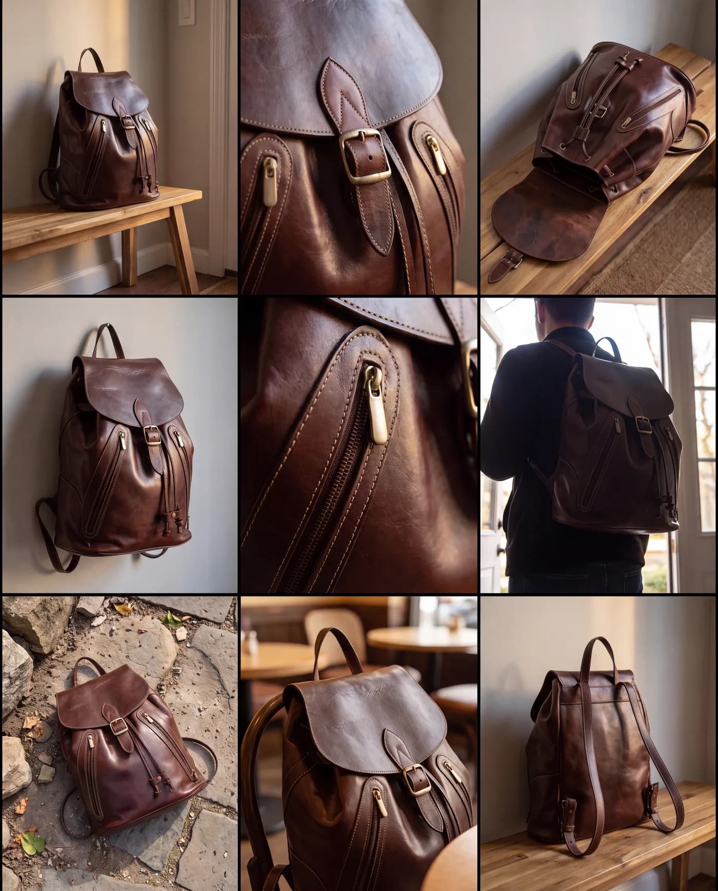 LumaFes leather backpack in Chocolate Brown full-grain leather, shown across everyday moments