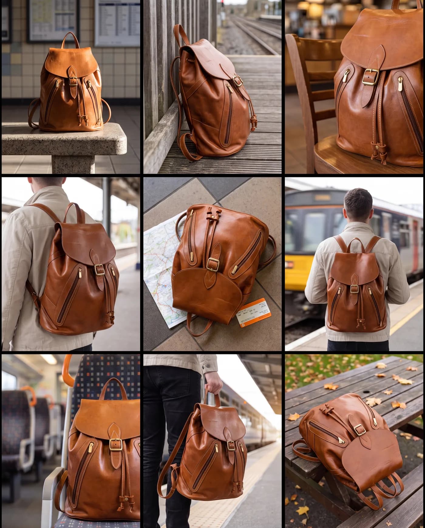 LumaFes leather backpack in Cognac Tan full-grain leather, shown across everyday moments